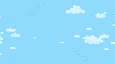 Blue sky full of clouds moving right to left. Cartoon sky background. Flat animation.