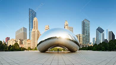 Panoramic image of the Cloud Gate or The Bean in the morning June 30 2013 in Millennium Park,