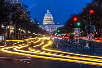 APRIL 11, 2018 WASHINGTON D.C. - Pennsylvania Ave to US Capitol withStreaked lights going towards. Busy, dc
