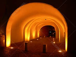 View at night of Sibiu covered street tunnel. Romania