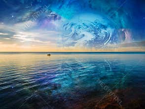 Fantasy landscape - lonely fishing boat floating on tranquil ocean water.
