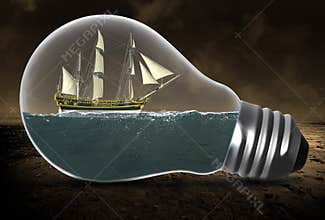 Tall Sailing Ship, Surreal Light Bulb, Water