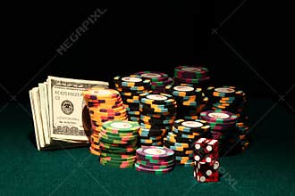Casino Poker Chips with Money and Dice