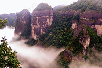 Shenxianju mountain with fog view