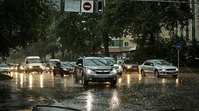 Rain in the city in the fall.