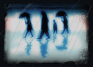 People in a city on a rainy day - illustration in subdued blue colors