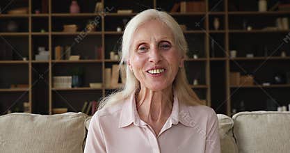 Headshot webcam portrait view older woman talk on video conference