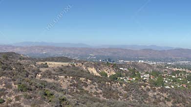 Scenic aerial San Fernando Valley vista viewed from the Mulholland Gateway Park trail, Los Angeles, California