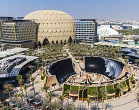 Dubai, UAE - 10.23.2021 Areal view of some of the pavilions, Al Wasl dome and water feature at EXPO 2020. Event