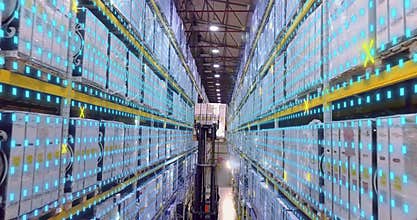 Visualization of modern technologies. Modern forklift in a warehouse. Forklift in a large modern warehouse with graphics