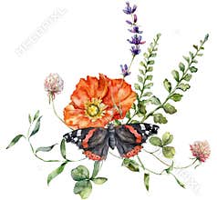 Watercolor meadow flowers bouquet of poppy, geranium and butterfly. Hand painted floral poster of wildflowers isolated