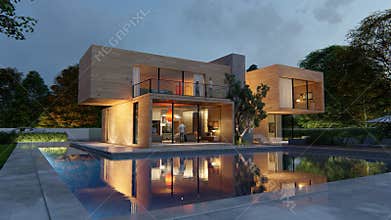 Big contemporary villa in light wood with pool and garden  at sunset