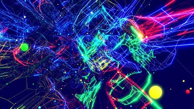 Motion graphic, data flow. Hi tech stream of datum, motion design vj loop. Wireframes of network blocks with neon light