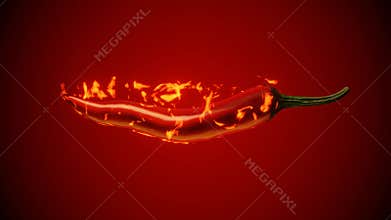 Red chili pepper with flames against red gradient background