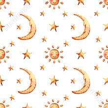 Seamless pattern with moon, sun and stars. Watercolor kids background with cute cartoon illustration for children textile,