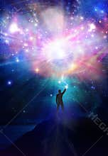 Man universe  meditation  spiritual healing  human body energy beams  connected with all