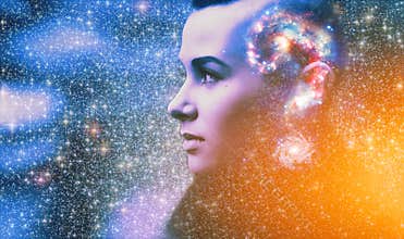 Double multiply exposure abstract portrait of young woman face with galaxy universe space inside head. Human mind spirit, ai brain