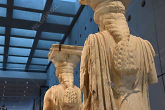 View of the main monuments and sites of Athens (Greece). Acropolis Museum. The Cariatides  from the Temple of Athena.