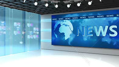 Tv studio. News room. Blye and red background. General and close-up shot. News Studio. Studio Background. Newsroom
