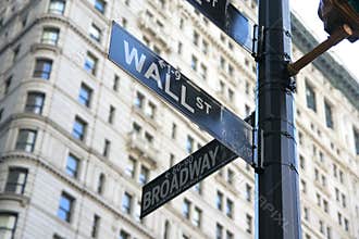 New York wall street and broadway street sign