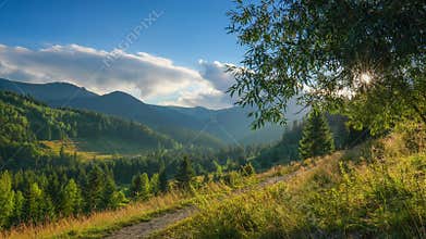Green mountains at sunset. Magnificent hiking
