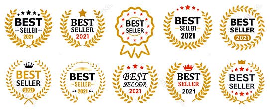 Set best seller icon design with laurel, best seller badge logo isolated - vector