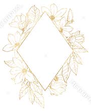 Watercolor rhombic frame of gold linear magnolias. Hand painted floral border of flowers, leaves and branches isolated