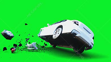 white generic 3d car crashes into invisible wall. Car accident concept. Green screen 4k animation.