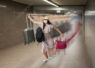 Woman is running as fast as possible to her new vacation till the covid restriction stop her