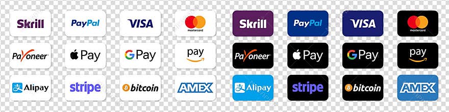 Big set of buttons for online payments, company logos: Visa, Mastercard, Paypal, American Express, Bitcoin, Amazon Pay, Apple Pay