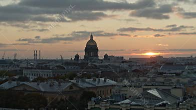 Saint Petersburg rooftops aerial view, beautiful sunset. Isaac Cathedral.