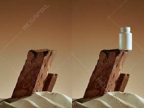 Rock pedestal in desert sand for cosmetic product placement. Podium of brown stone, natural empty scene for cosmetics