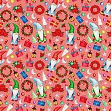 Hand drawn watercolor seamless pattern of gnome, tree, gift, wreath, toy, flower, Poinsettia. Happy New Year and Christmas clipart