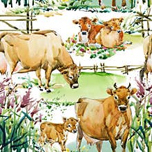 Seamless pattern with dairy cows on the glade. watercolor animal hand drawn illustration. Farm animals.
