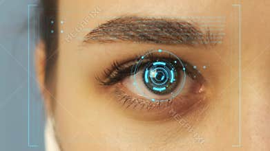 A female eye with a futuristic vision system. Reading data, Hud user Interface elements