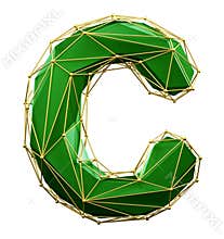 Capital latin letter C in low poly style green and gold color isolated on white background. 3d