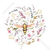 Watercolor bee illustration. Vintage wildflowers wreath. Natural botanical illustration