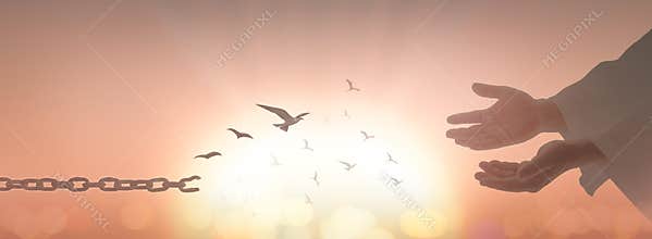 Broken Chain And Open Hands With Birds At Sunrise Freedom And Hope Concept