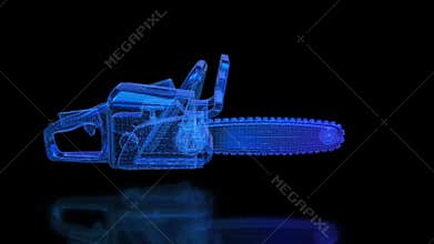 Petrol chain saw. Professional instrument, working tool. Mesh formation of 3d Model. X-ray 4k video. Rotating hologram
