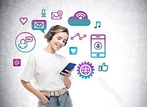 Young woman using phone and headphone, sketch with social media icons