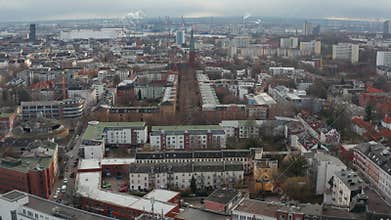 Aerial view of houses in residential neighborhoods and old church in Hamburg city center