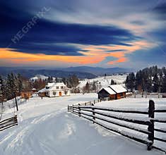 Winter landscape in the village.