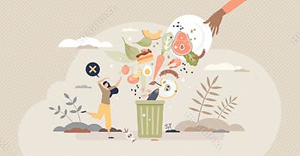 Food waste and meal leftovers garbage reduce awareness tiny person concept