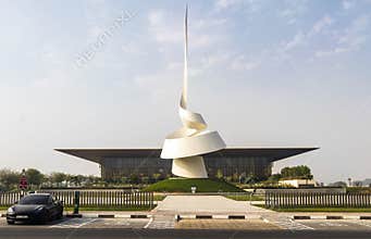 Sharjah, UAE - 09.07.2021 - Monument known as The Scroll that placed close to House of Wisdom library. Concept