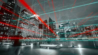 Modern city with abstract futuristic network connections