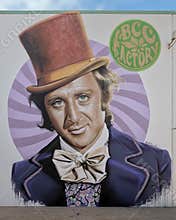Willy Wonka mural by Jeks on the outside of the BBC Collective, a cannibis company in Oklahoma City, Oklahoma.