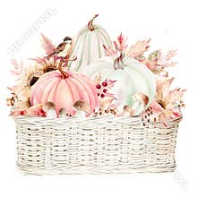 Pumpkins, mushrooms and fall leaves and a sparrow in a basket. Watercolor Clip Art The illustration is hand drawn in