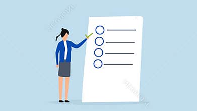 Self assessment, 4k animation of woman gives list of checkbox achievements on notebook paper.