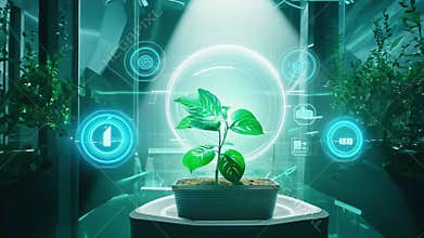 A bioengineered plant rapidly grows in a futuristic greenhouse, illuminated by a spotlight, while AI systems and sensors