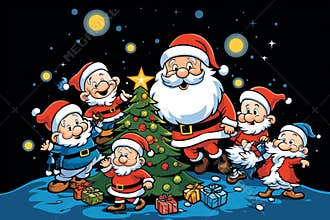 Cheerful holiday gathering with Santa and playful elves around a decorated Christmas tree at night